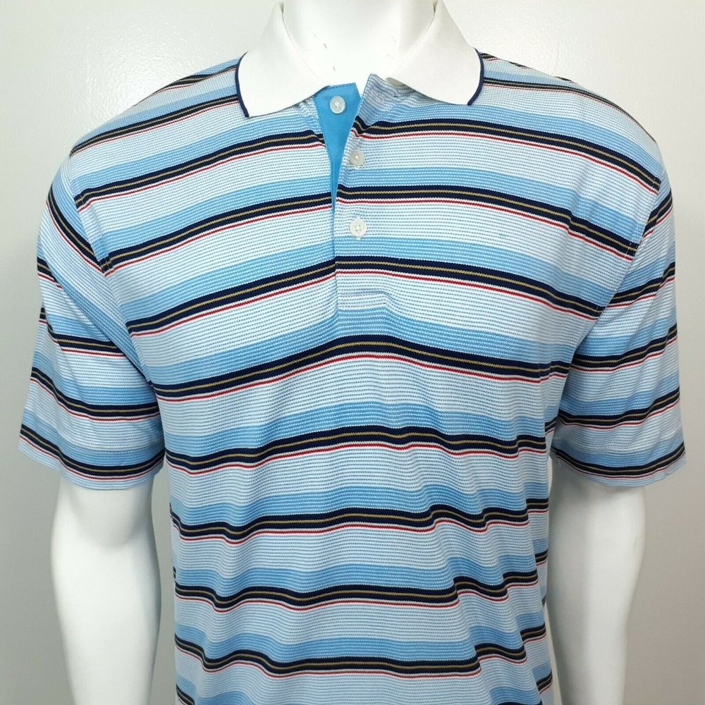 Cutter & Buck Mens Blue Striped Short Sleeve Collared Polo Shirt Size Medium